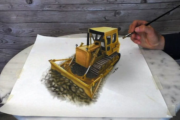 Professional German artist creates a realistic 3D drawing of a bulldozer on paper, showcasing incredible talent.