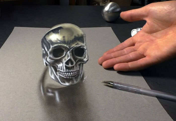 Professional German artist presents a stunning 3D skull drawing with a realistic illusion effect.