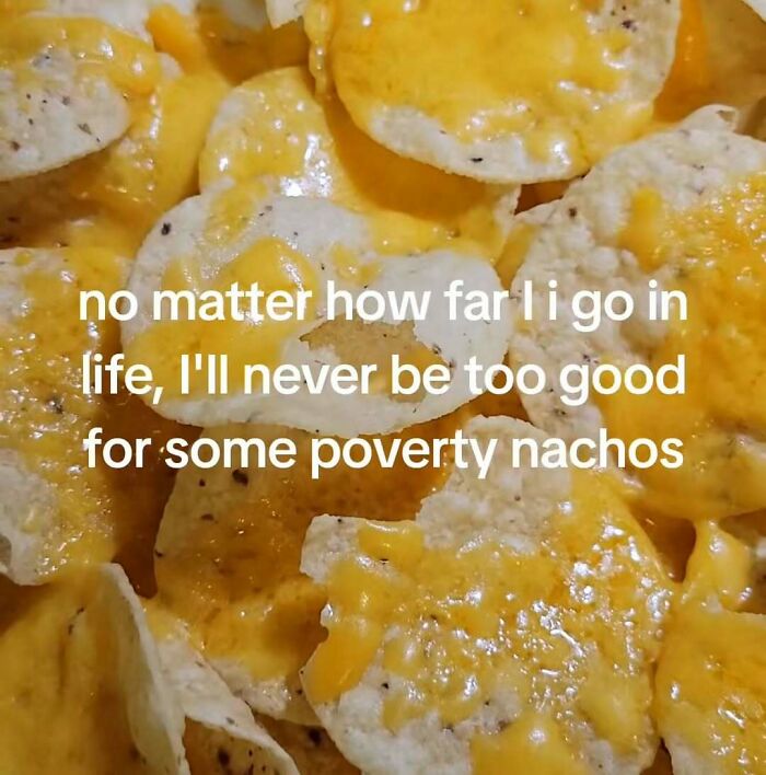 Cheesy nachos with text overlay about staying humble, featured in relatable Middle Class Fancy memes.