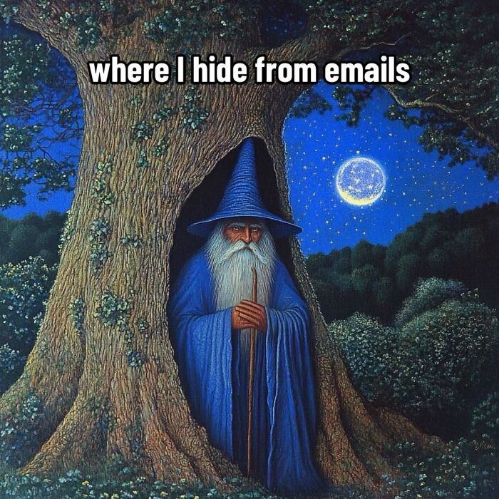 Wizard hiding in a tree with a humorous caption, under a night sky with a full moon, representing ancient meme wisdom.