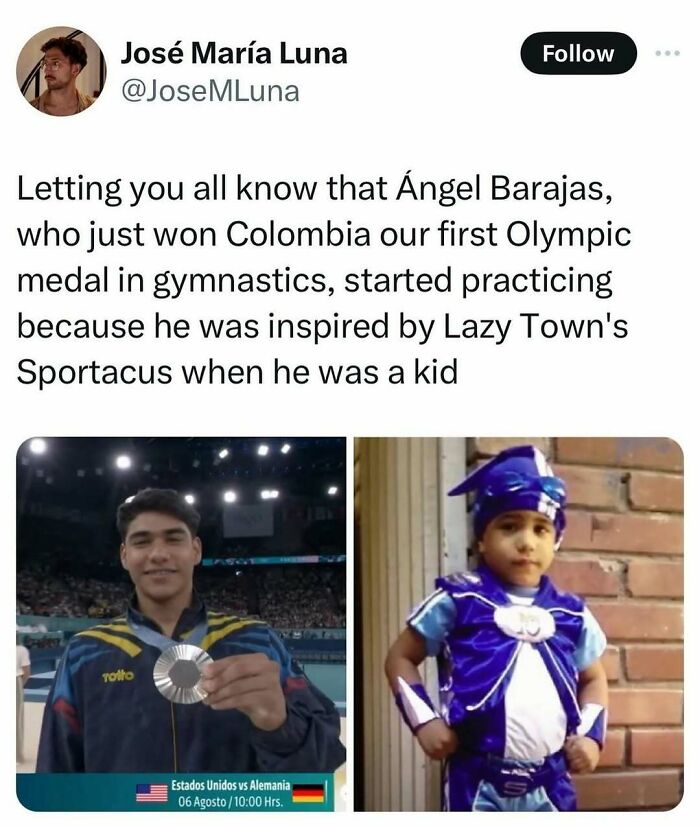 Man holding a medal and a child in a blue Sportacus costume; inspired by "Stuff You Should Care About" for wholesome content.