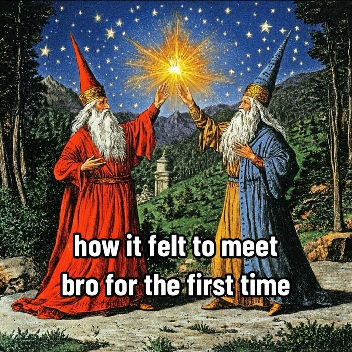 Two wizards sharing a glowing star in a forest, captioned with a humorous take on ancient wisdom.