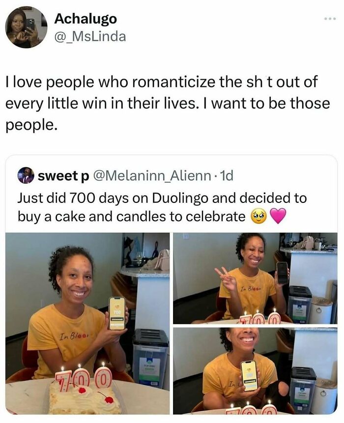 Woman celebrates 700 days on Duolingo with cake, embodying relatable women's humor in a tweet.