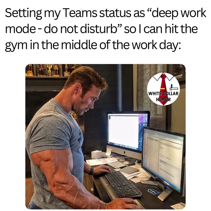 Man in a gray shirt setting Teams status as "deep work mode", with a humorous twist, suggesting a gym break midday.