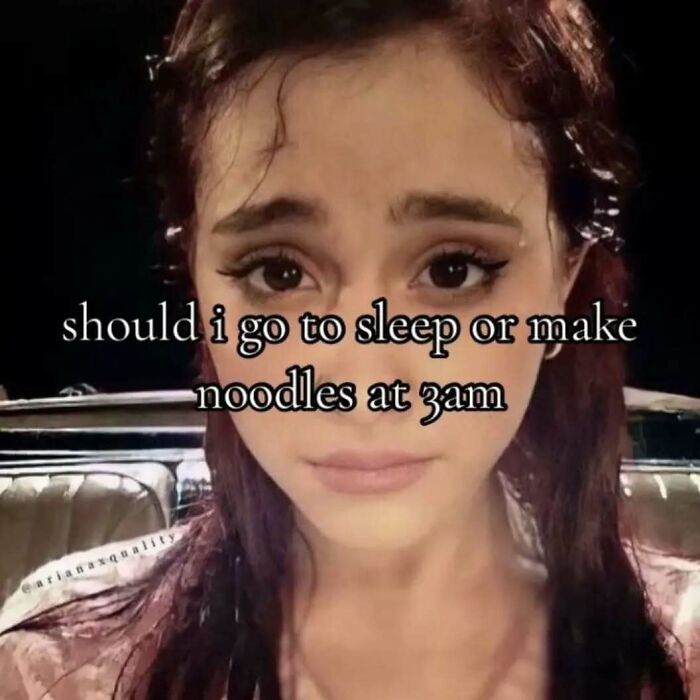 A woman contemplating chaotic food choices with text about making noodles at 3am.