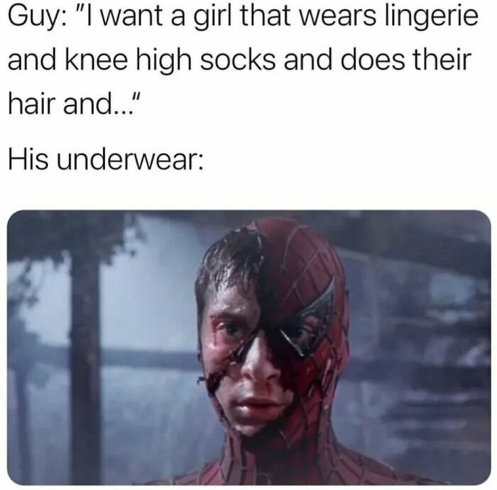 Man's face in torn superhero costume under text about wanting a girl in lingerie, featured in daily humor memes.
