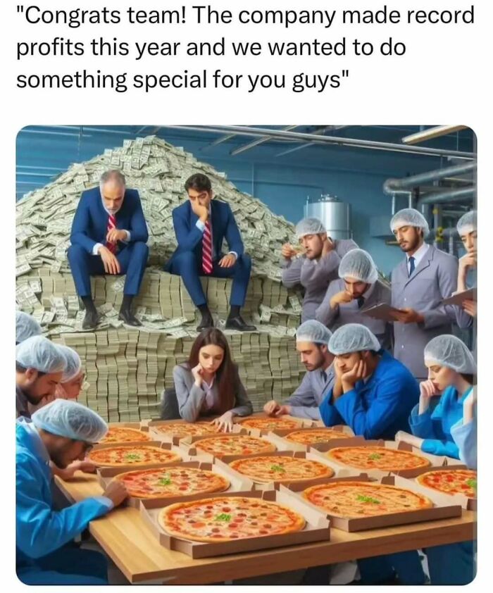 Introvert meme showing a table with pizzas and people looking unimpressed, executives on money pile in the background.