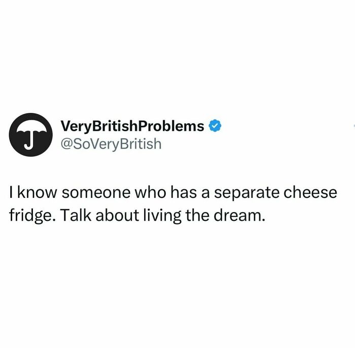 Text about British problems featuring a separate cheese fridge as a luxury dream.