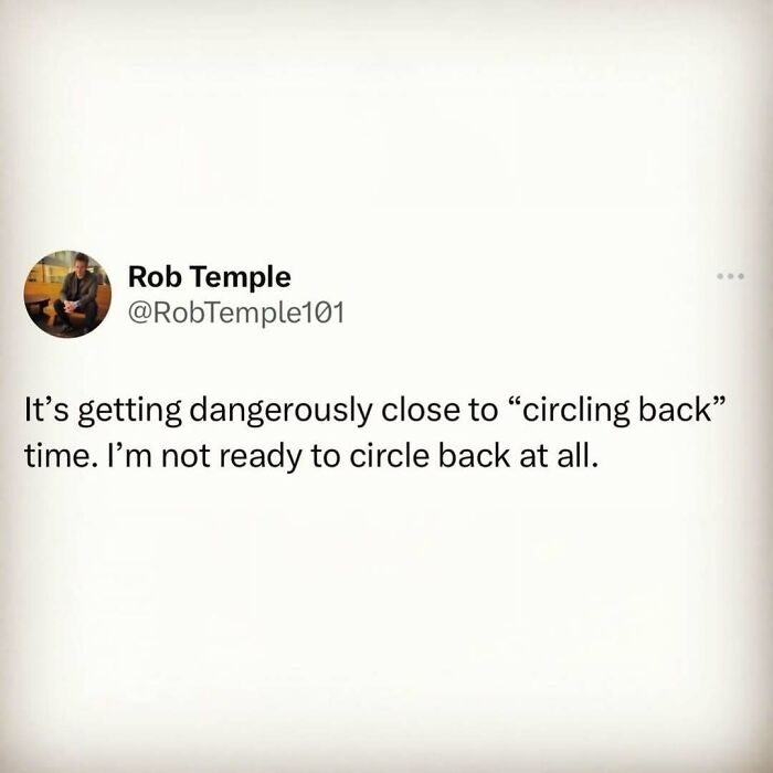 Tweet about British humor on "circling back" time, expressing reluctance.