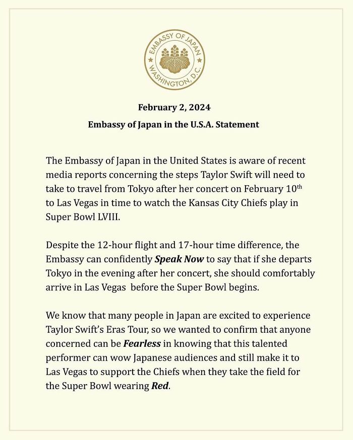 Embassy of Japan statement on Taylor Swift's travel plans for Super Bowl and concert in Tokyo.