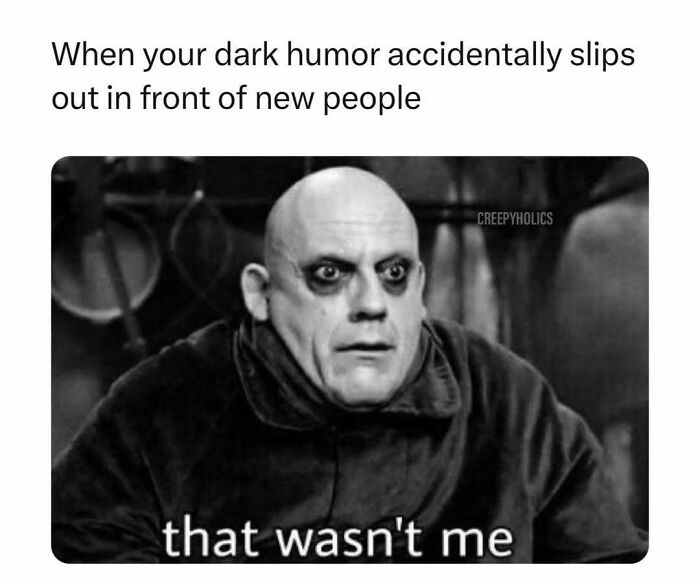 Bald character with dark eyes, looking surprised. Meme from Diary Introverts about dark humor slipping in new social settings.