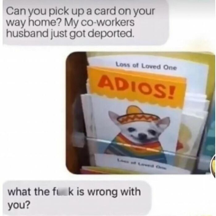 Funny card exchange via text for unexpected situation.