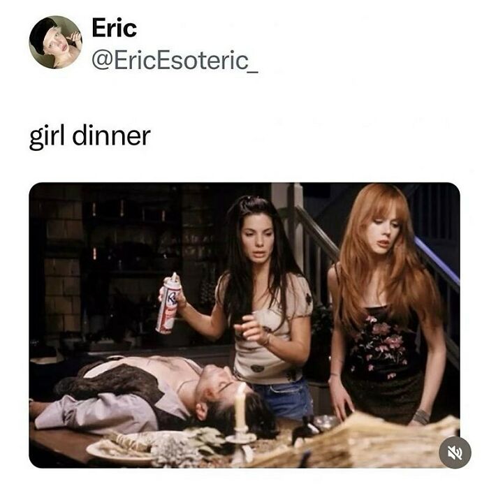 Funny meme showing two women with a man lying on a table, referencing "girl dinner."