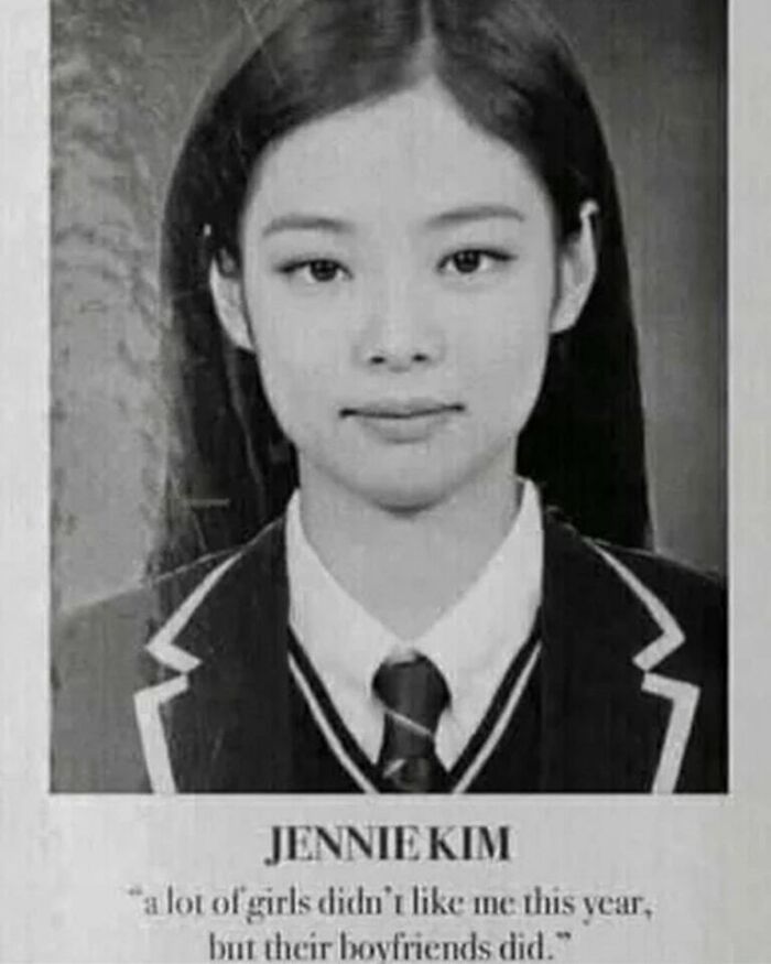 Young woman in a school portrait with a humorous caption, emphasizing daily humor memes theme.