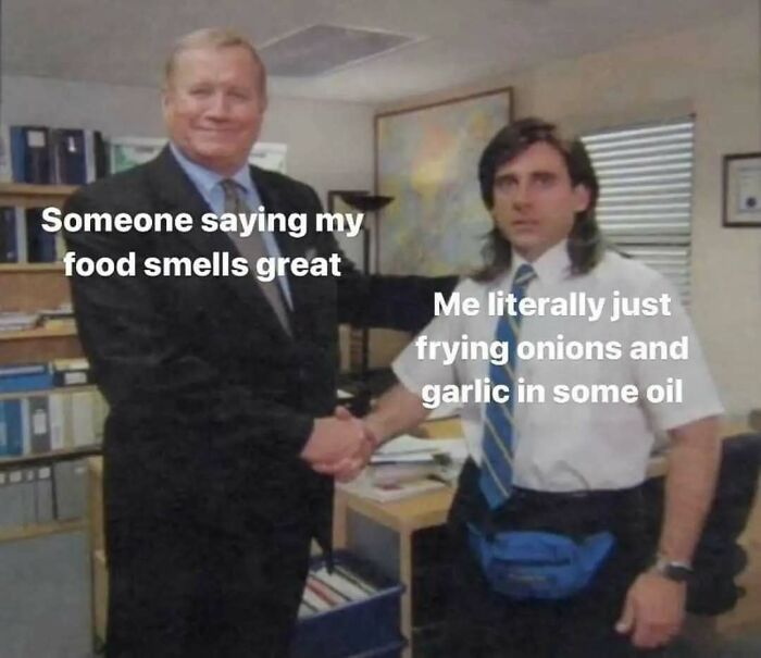 Two men shaking hands with text overlay about food aroma and cooking onions, illustrating chaotic food meme humor.