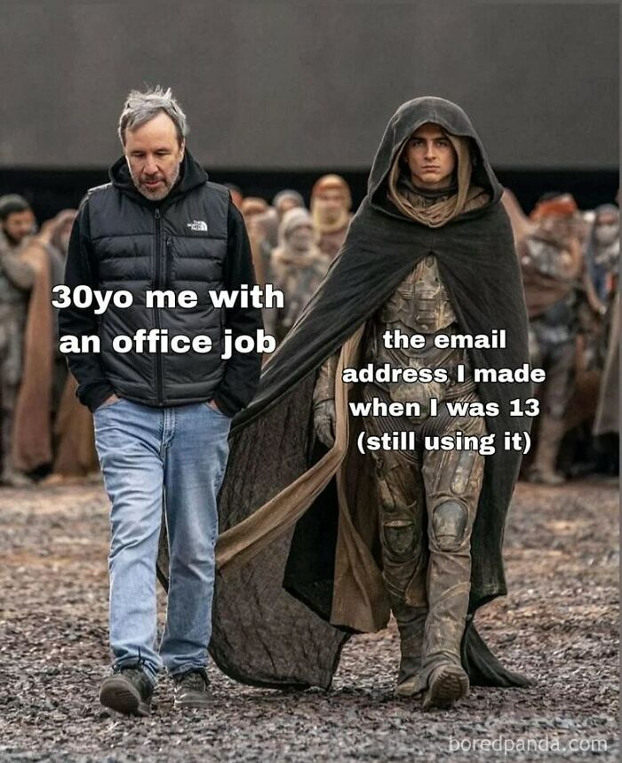 Two men walk; text over image humorously contrasts adulthood with keeping a childhood email, fitting the daily humor memes theme.