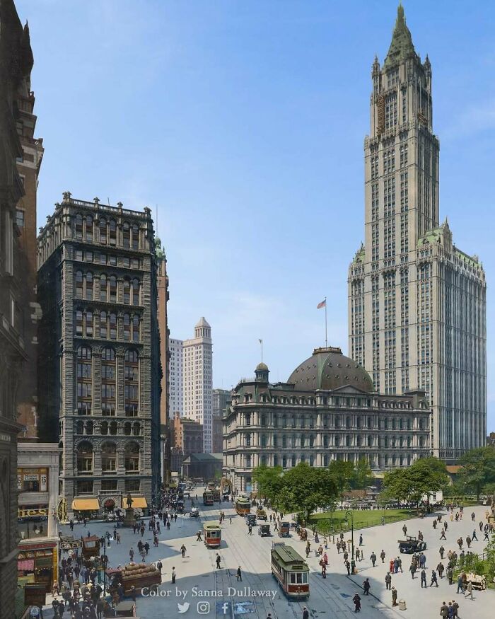 Historic American architecture with vintage skyscrapers, bustling streetcars, and pedestrians in a vibrant city scene.