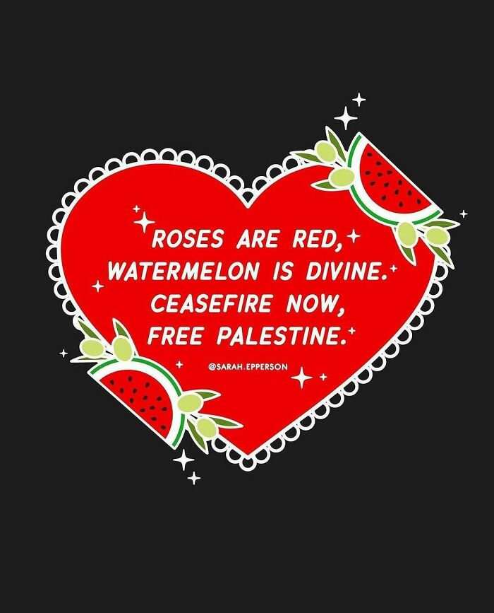 Heart with watermelon design, featuring a poem advocating for peace.