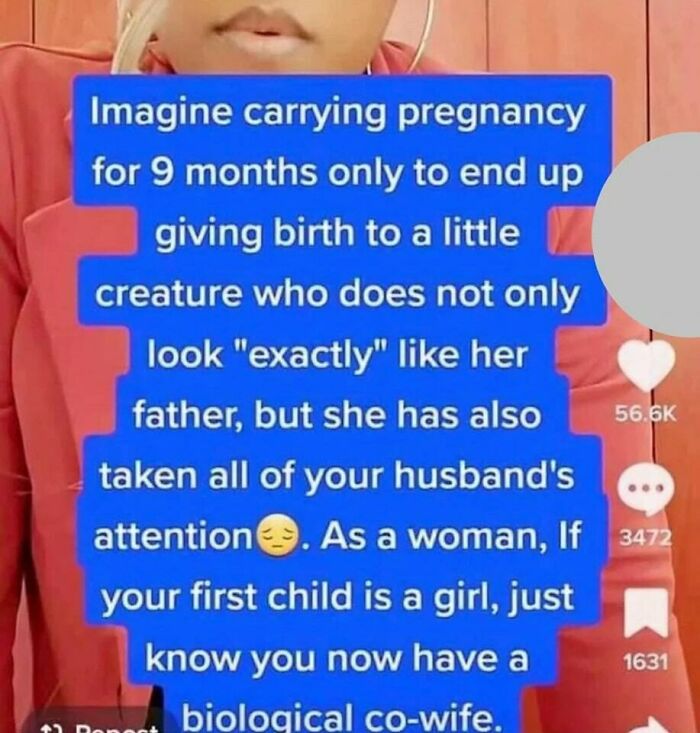 Text meme imagining the humor in raising a baby girl who looks like her dad and grabs husband’s attention.