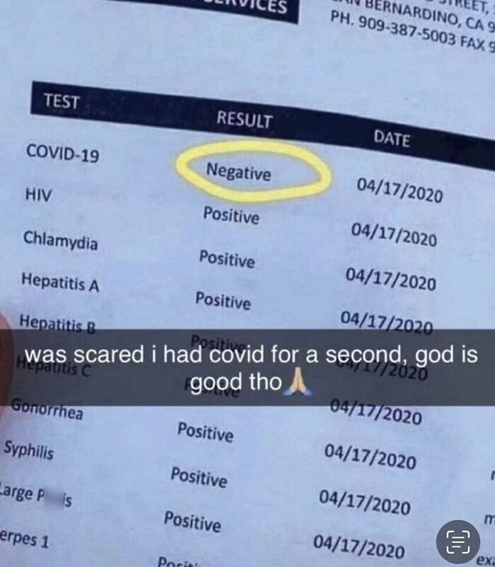 Medical test results show negative for COVID-19 and positive for others, with humorous caption overlay. Daily humor memes.