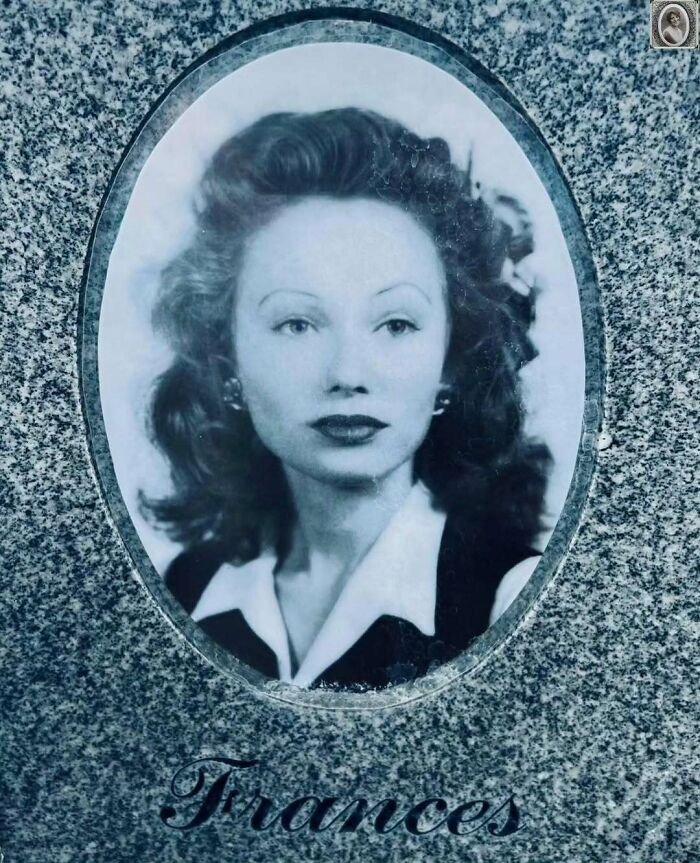 Portrait of a woman named Frances etched on a gravestone, showcasing a lovely headstone design.