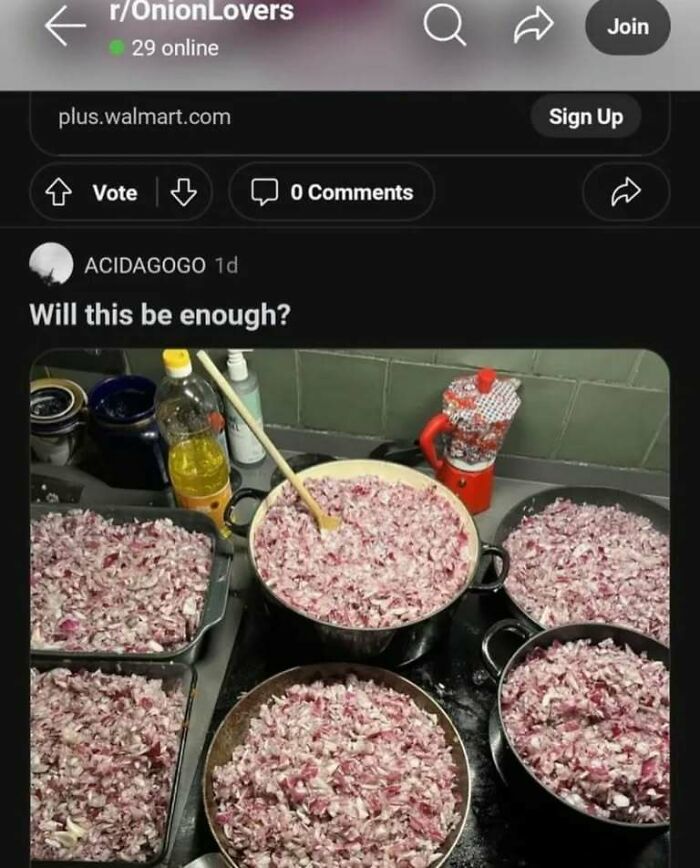 A chaotic spread of chopped onions filling multiple pots and pans, likely for an unhinged cooking adventure.