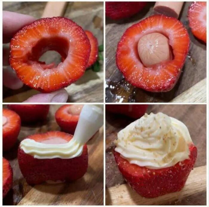 Strawberries filled with a lychee and topped with whipped cream, creating an unhinged food meme on a plate.