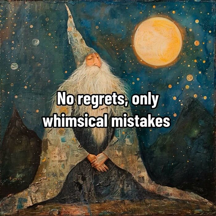 Ancient meme of a wizard under a full moon with the text "No regrets, only whimsical mistakes."
