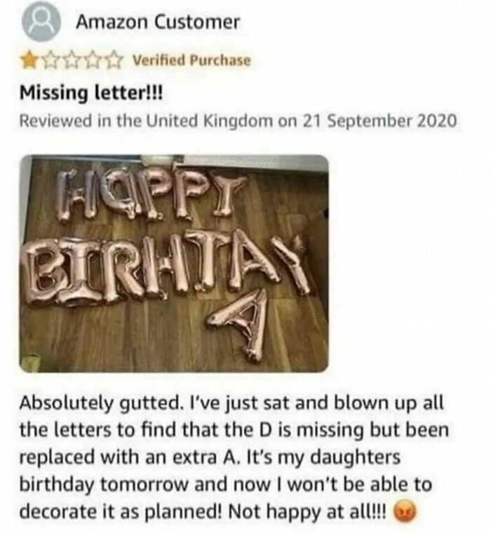 Customer review showing a humorous balloon typo for "HAPPY BIRHTAY," missing a letter, creating an unexpected daily humor meme.
