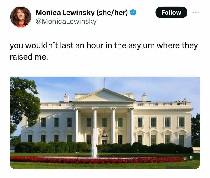 Tweet shows a comment on the White House, highlighting a humorous or critical perspective.