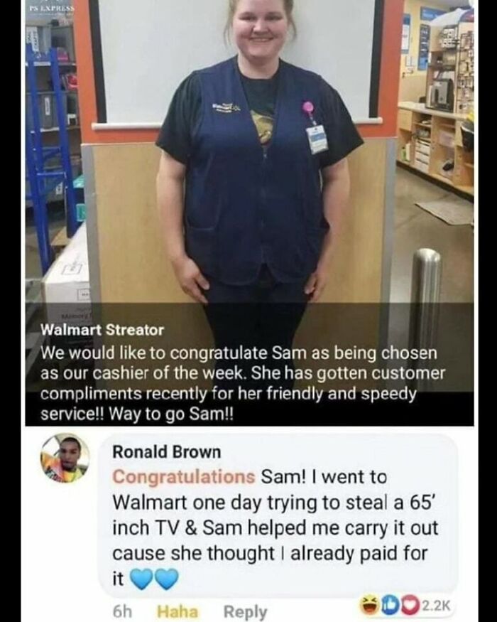 Walmart employee celebrates cashier of the week with humorous social media mention; part of daily humor memes collection.