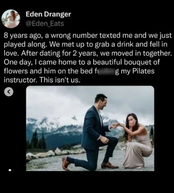 A meme with a humorous twist on a relationship story, featuring a couple in a mountain setting.