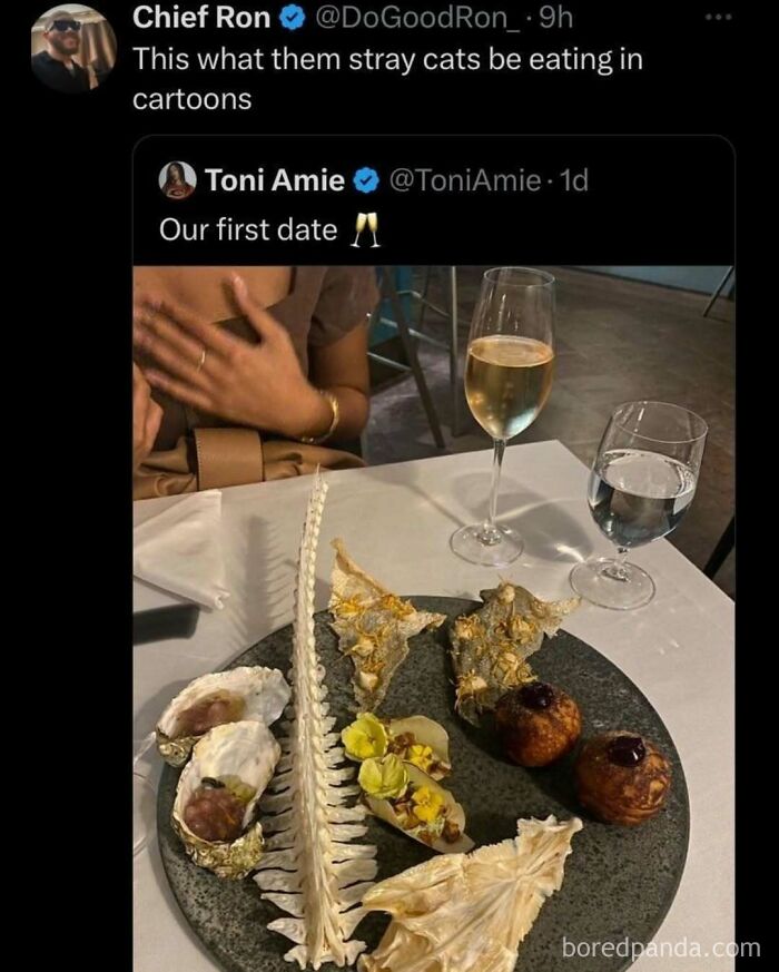 A humorous take on a fancy dinner resembling a cartoon cat's meal, highlighting relatable middle class meme humor.