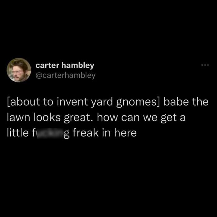 Humorous tweet about inventing yard gnomes, capturing middle class fancy humor.