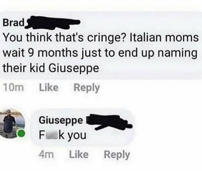Facebook comment meme with a humorous exchange about Italian names, featuring Daily Humor Memes content.