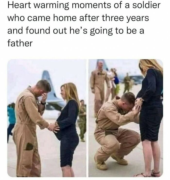 Soldier joyfully learns he's going to be a dad, emotional reunion. Daily humor memes brighten hearts.