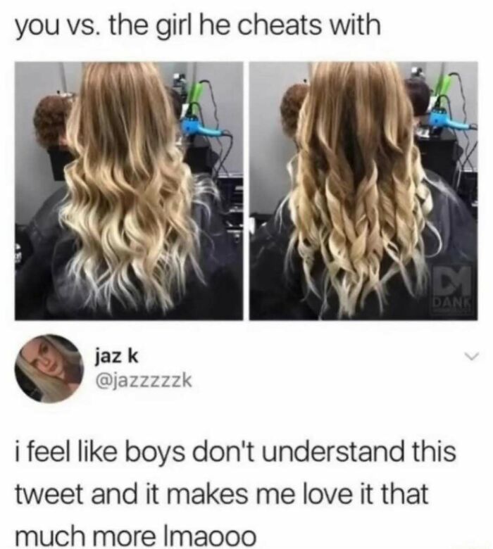 Hair comparison meme from Women's Humor page with a humorous tweet.