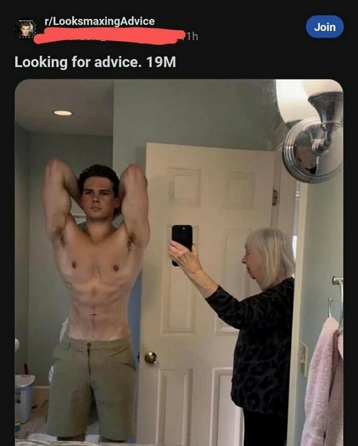 Elderly woman takes a mirror photo of a young muscular man posing, capturing a humorous daily humor meme.