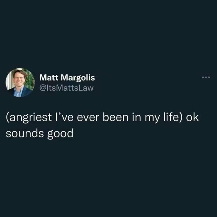 Relatable meme text about anger saying "(angriest I’ve ever been in my life) ok sounds good" by Matt Margolis.