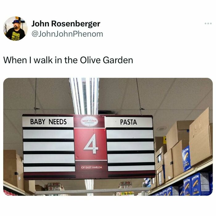 Middle class fancy meme showing grocery aisle sign for baby needs and pasta.