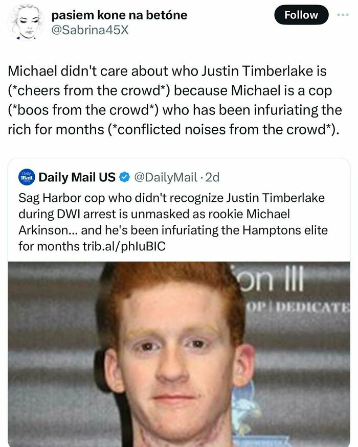 Tweet humorously describing a cop unfamiliar with Justin Timberlake, highlighting a wholesome public reaction.