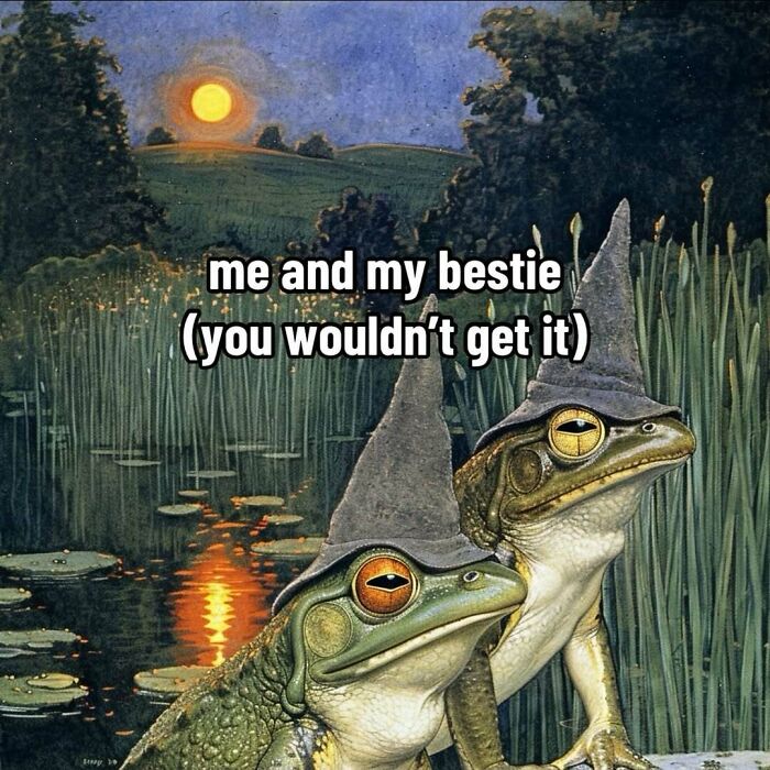 Two frogs in witch hats at sunset, embodying ancient meme humor.