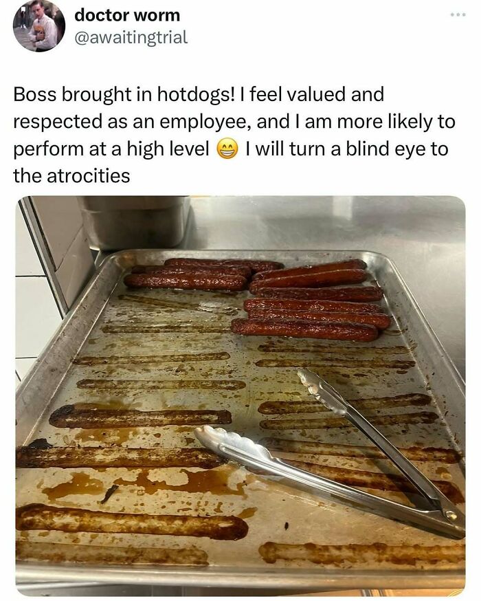 Middle class fancy meme showing hotdogs on a tray with tongs and humorous employee appreciation caption.