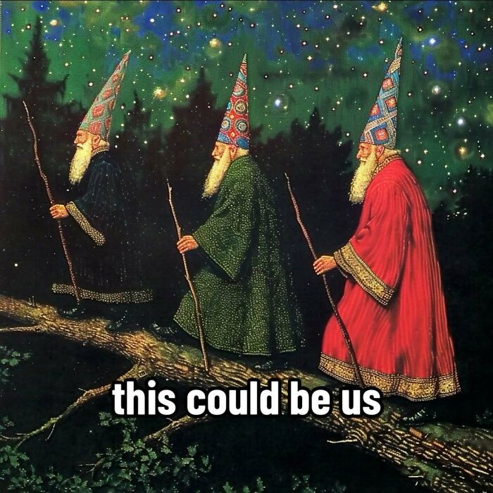 Three wizards in pointy hats and cloaks walking on a branch, under a starry night sky, with the text "this could be us". Ancient memes.
