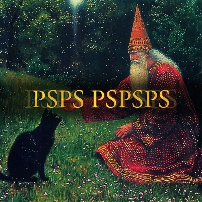 An ancient meme showing a wizard in a red robe interacting with a black cat in a mystical forest.