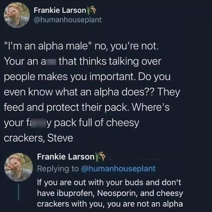 Funny meme from 'Women's Humor' highlighting misconceptions about alpha males with a comedic twist.