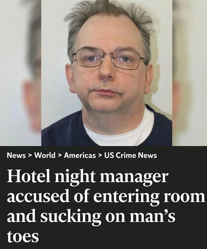Man in glasses with a news headline about a hotel night manager incident below, providing daily humor memes content.