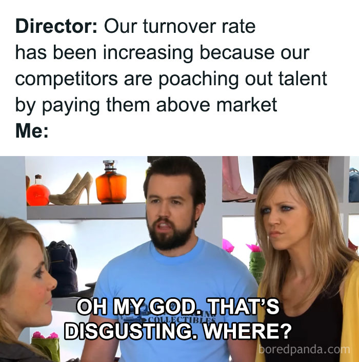 Man reacting to work humor about competitors poaching talent, with a surprised exclamation below.