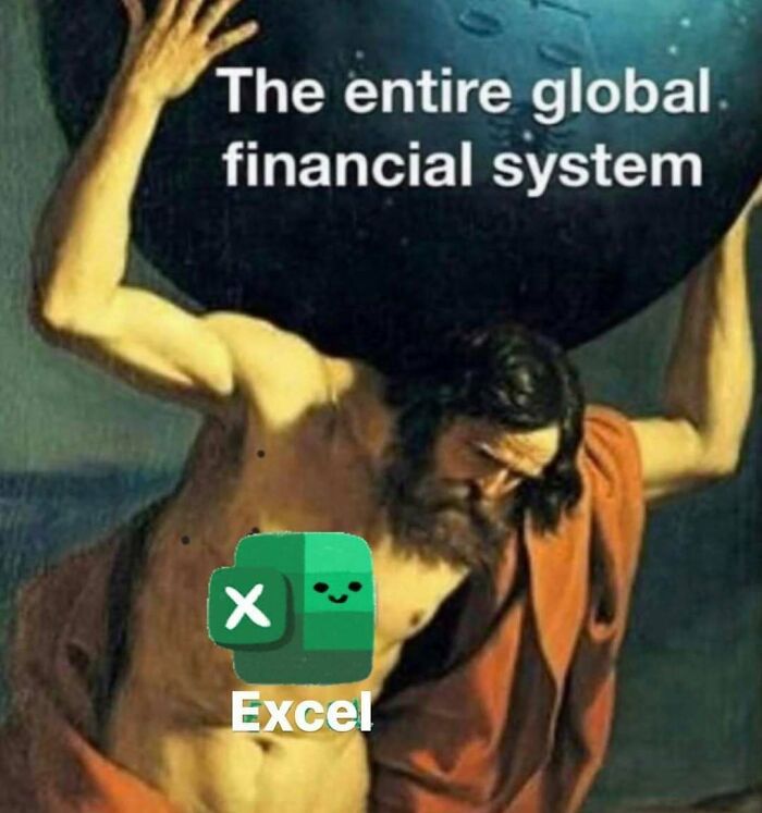 Atlas holding the world labeled "The entire global financial system" with an Excel logo, illustrating work-related humor.
