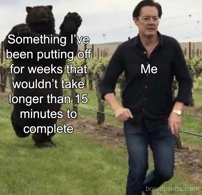 Man running from bear labeled "work task" in a funny meme.